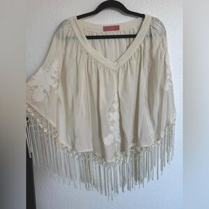 Vintage silk cream embroidered Fringe Poncho